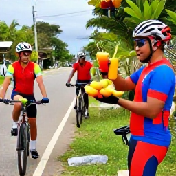 Caribbean Holidays, January Cycling, Friendly cyclists enjoying a roadside stop with fresh tropical fruit and local refreshments in Trinidad and Tobago