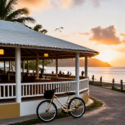 Caribbean Holidays, January Cycling Holidays, Bicycle parked outside a relaxed beachfront restaurant at sunset in Saint Vincent and the Grenadines
