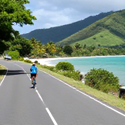 Caribbean Holidays, January Cycling Holidays, Cyclist riding a quiet coastal road beside turquoise water on Saint Vincent in January, with green hills and tropical vegetation