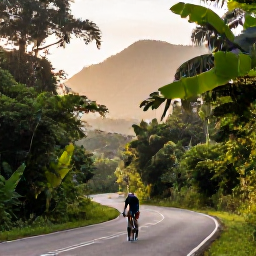 Caribbean Holidays, January Cycling Holidays, Cyclist travelling through lush rainforest on a winding road in Trinidad, early morning light and tropical mountain scenery