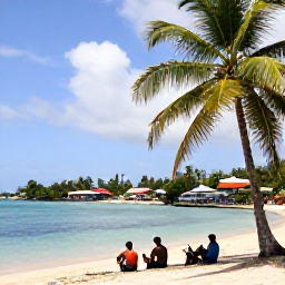 Caribbean Holidays, January Cycling Holidays, Cyclists resting beside a calm beach in Tobago, palm trees, turquoise water and a relaxed Caribbean village atmosphere