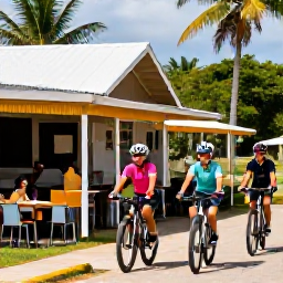 Caribbean Holidays, January Cycling Holidays, Outdoor caf&eacute; beside a Caribbean cycling route in Trinidad and Tobago, cyclists enjoying fresh local food in warm January weather
