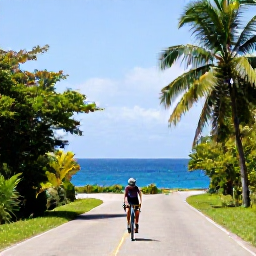 Caribbean Holidays, January Cycling Holidays, Road cyclist riding along a quiet coastal road in Trinidad, bright January sunshine, tropical greenery and blue Caribbean sea
