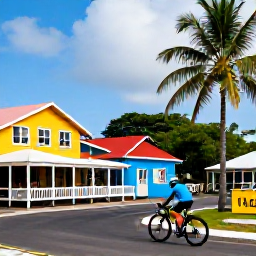 Caribbean Holidays, January Cycling Holidays, Road cyclist stopping at a small Caribbean village with colourful houses, palm trees and local caf&eacute;s on Saint Vincent
