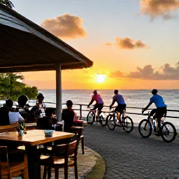 Caribbean Holidays, January Cycling, Outdoor restaurant in Martinique at sunset, with cyclists enjoying Creole food and bicycles parked nearby