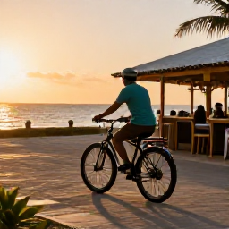 Caribbean Holidays, January Cycling, Relaxed evening scene at a Puerto Rican seaside restaurant after a day of cycling, with local dishes and warm sunset light