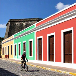 Caribbean Holidays, January Cycling, Road cyclist passing colourful colonial buildings in Old San Juan, Puerto Rico, with cobbled streets and historic fortifications