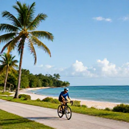 Caribbean Holidays, January Cycling, Road cyclist riding beside a quiet Caribbean coastline in Trinidad and Tobago on a bright January morning