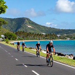 Caribbean Holidays, January Cycling, Road cyclists riding along a quiet coastal road beside turquoise water in Martinique, with tropical hills and bright January sunshine