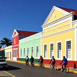 Caribbean Holidays, January Cycling, Small group of cyclists stopping beside a colourful Cura&ccedil;ao village street with pastel buildings and palm trees