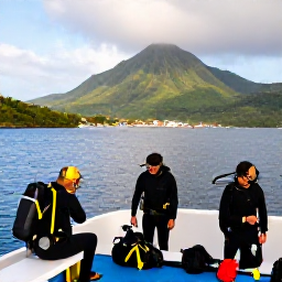 Caribbean Holidays, January Diving, A calm morning dive boat leaving Roseau, Dominica, with green mountains rising behind the harbour and divers preparing their equipment