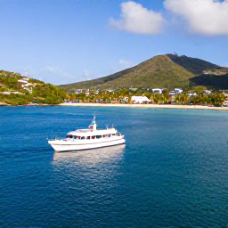 Caribbean Holidays, January Diving, A dive boat approaching a calm bay with palm-lined beaches and hills on Saint Martin and Sint Maarten