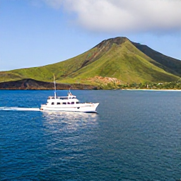 Caribbean Holidays, January Diving, A dive boat approaching the dramatic coastline of Saint Vincent on a bright January morning, with calm turquoise water and green volcanic hills