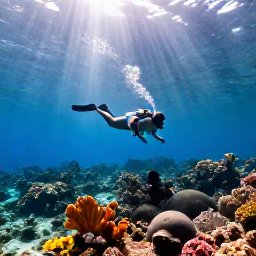 Caribbean Holidays, January Diving, A diver hovering above a colourful reef in clear Caribbean water off Dominica, with sunlight filtering down and mountains faintly visible in the distance