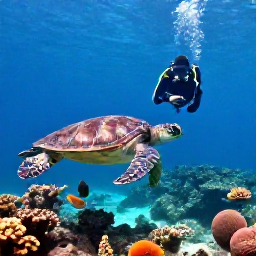 Caribbean Holidays, January Diving, A diver photographing a sea turtle near a Caribbean reef off the Dominican Republic, with coral, sponges and tropical fish in the background
