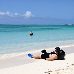 Caribbean Holidays, January Diving, A diver resting on a white-sand Bahamian beach beside calm turquoise sea after a morning dive