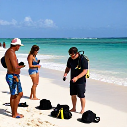 Caribbean Holidays, January Diving, A friendly scuba diving instructor preparing equipment with visitors beside a sunny Caribbean beach in the Dominican Republic
