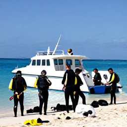 Caribbean Holidays, January Diving, A group of scuba divers preparing equipment beside a dive boat on a sunny Bahamian beach
