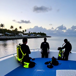 Caribbean Holidays, January Diving, A relaxed Caribbean dive boat leaving a palm-fringed harbour at sunrise, with divers preparing equipment on deck