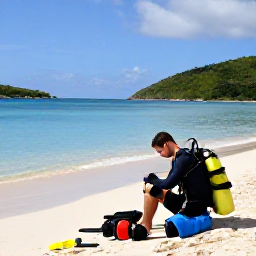 Caribbean Holidays, January Diving, A relaxed scuba diver preparing equipment on a British Virgin Islands beach beside a calm bay in January