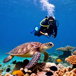 Caribbean Holidays, January Diving, A scuba diver photographing a sea turtle beside coral and tropical fish in the clear Caribbean waters of the Dominican Republic