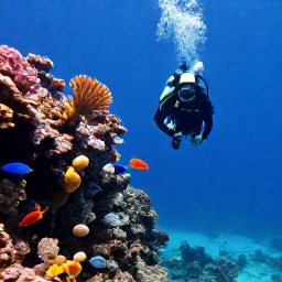 Caribbean Holidays, January Diving, A scuba diver swimming above a dramatic underwater wall with tropical fish in The Bahamas