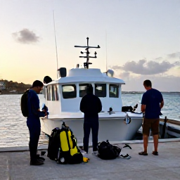 Caribbean Holidays, January Diving, A small dive boat leaving a Caribbean harbour near Sint Maarten at sunrise, divers preparing equipment for a January excursion
