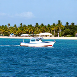 Caribbean Holidays, January Diving, A small dive boat travelling along the sunny Dominican Republic coastline with palm trees and calm blue Caribbean water