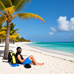 Caribbean Holidays, January Diving Aruba, A diver relaxing beside a palm-lined Aruba beach after a morning dive, with dive equipment, white sand and bright Caribbean sunshine
