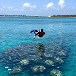 Caribbean Holidays, January Diving Aruba, A diver swimming above a shallow Aruba reef surrounded by tropical fish, with a calm blue sea and a sunny Caribbean coastline in the distance