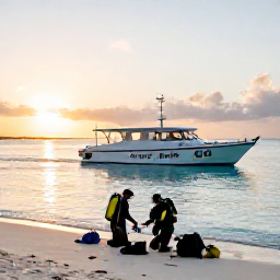 Caribbean Holidays, January Diving Aruba, A friendly Aruba dive boat leaving a sandy beach at sunrise, with divers preparing equipment and calm Caribbean water around them