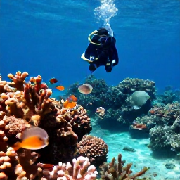 Caribbean Holidays, January Diving, Clear turquoise Caribbean water over a colourful coral reef, with a scuba diver exploring Cura&ccedil;ao in bright January sunshine