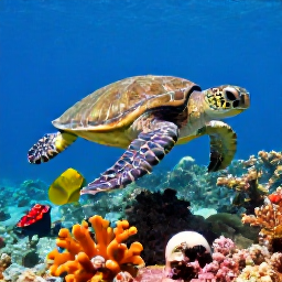 Caribbean Holidays, January Diving, Close underwater view of a green sea turtle swimming above a colourful Caribbean reef in the Grenadines