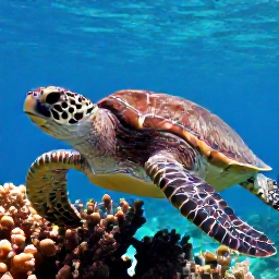 Caribbean Holidays, January Diving, Close-up underwater view of a sea turtle swimming above a Puerto Rican coral reef