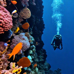 Caribbean Holidays, January Diving, Diver descending beside a dramatic volcanic reef wall with sponges and tropical fish near Sint Eustatius