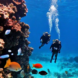 Caribbean Holidays, January Diving, Divers descending beside a reef wall near Bayahibe, Dominican Republic, with schools of tropical fish and clear blue Caribbean water