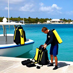 Caribbean Holidays, January Diving, Divers preparing equipment beside a small boat at a sunny Puerto Rican harbour