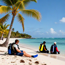 Caribbean Holidays, January Diving, Divers relaxing beside a sunny Caribbean beach after a morning dive, with palm trees, calm water and colourful dive gear