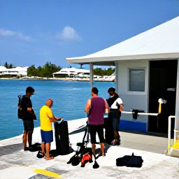 Caribbean Holidays, January Diving, Friendly Bermuda dive centre preparing equipment for visitors on a sunny harbour waterfront