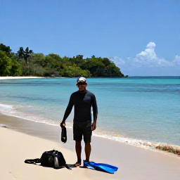 Caribbean Holidays, January Diving, Friendly Dominica dive guide preparing equipment beside a tropical beach and calm Caribbean sea
