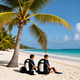 Caribbean Holidays, January Diving, Friendly scuba divers checking equipment beside a palm-fringed Cura&ccedil;ao beach on a sunny morning