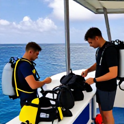 Caribbean Holidays, January Diving, Friendly scuba divers preparing equipment beside a Caribbean dive shop before a morning boat trip