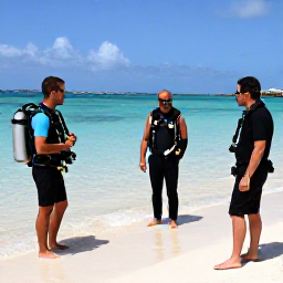 Caribbean Holidays, January Diving, Friendly scuba divers receiving a safety briefing from a professional instructor on a tropical Caribbean beach before a January dive