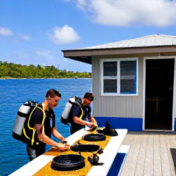 Caribbean Holidays, January Diving, Friendly scuba divers rinsing equipment beside a small dive centre in Dominica after a morning boat trip