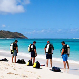 Caribbean Holidays, January Diving, Friendly scuba diving group preparing equipment beside a tropical beach in Saint Vincent and the Grenadines