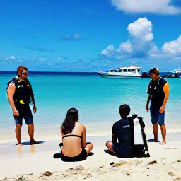 Caribbean Holidays, January Diving, Friendly scuba diving group relaxing on a Puerto Rican beach after a morning boat dive
