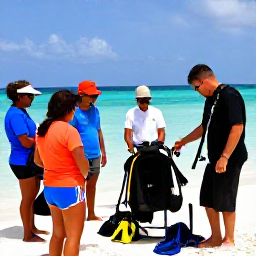 Caribbean Holidays, January Diving, Friendly scuba instructor preparing equipment with visitors beside a Caribbean dive centre in the Cayman Islands