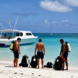 Caribbean Holidays, January Diving, Friendly scuba instructors preparing equipment with holidaymakers beside a dive boat on a sunny Dominican Republic beach