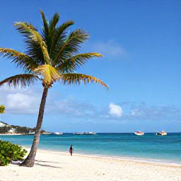 Caribbean Holidays, January Diving, Relaxed Caribbean beach on Saint Martin after a scuba dive, palm trees, calm turquoise sea and colourful boats in the distance