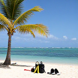 Caribbean Holidays, January Diving, Relaxed Caribbean beach scene with dive equipment, palm trees and calm turquoise sea on a sunny January day